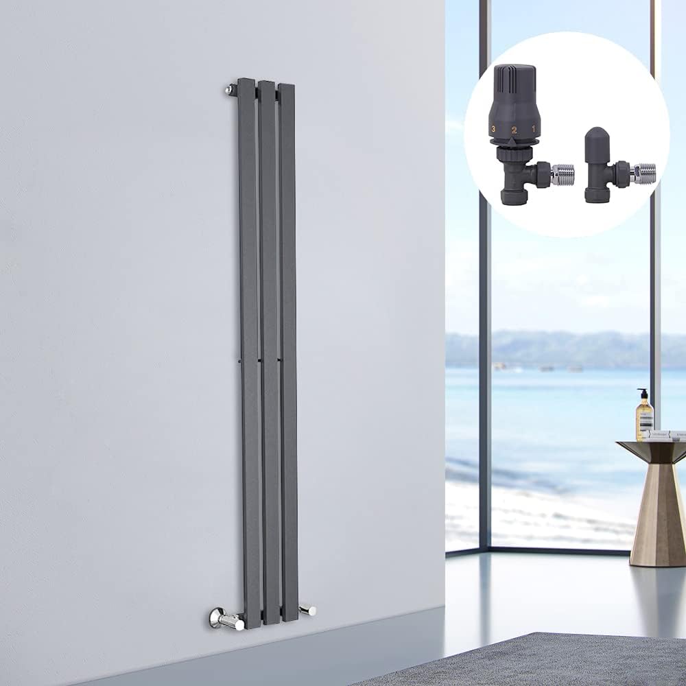 NRG 1600 x 200mm Vertical Designer Radiator Single Rectangular Panel Bathroom Central Heating Radiators Anthracite with One Pair Angled Valves