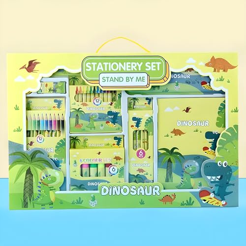 Image of WISHKEY 41 Pieces Dinosaur Theme All-in-One Stationery Set Stationery Items with Pencil Box Notebook Scale Eraser Sharpener Crayons Color Pencils Color Pens Pencils Return Gift for Birthday Kids 6+