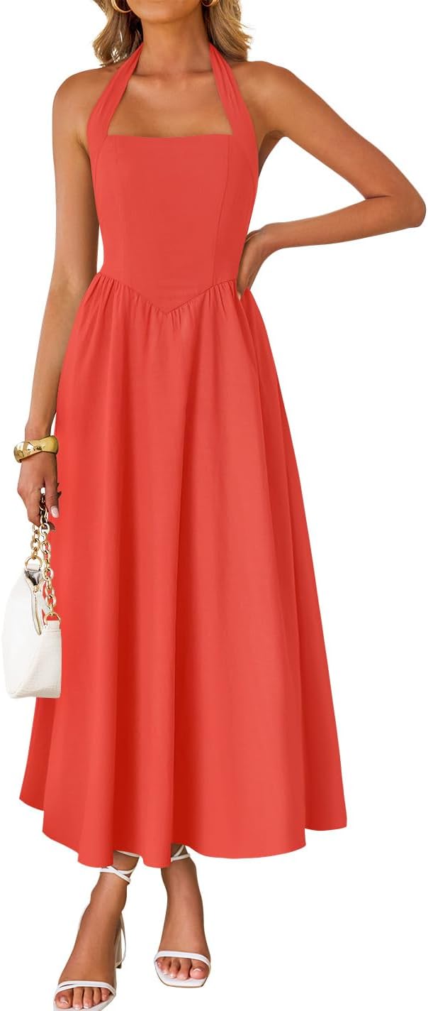 ZESICA Women's Summer Sleeveless Halter Midi Dress 2026 Off Shoulder High Waist Flowy Beach Wedding Guest Long Dresses