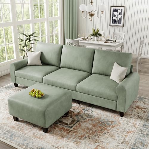 EASE MOOSE 100" L-Shaped Faux Leather Sofa, Deep Seat Sectional, Green