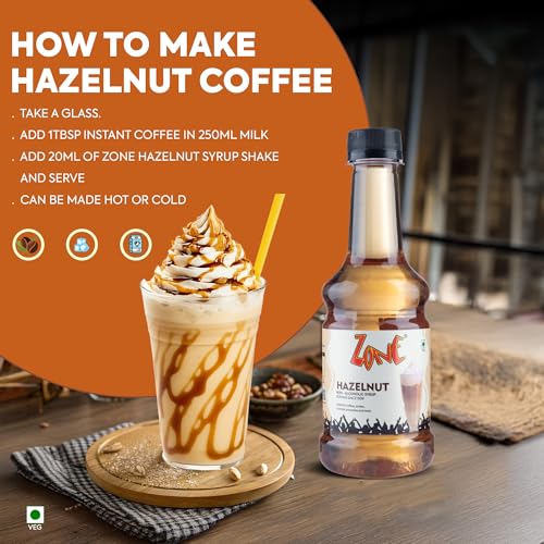 Image of Zone Vanilla & Hazelnut Flavoured Syrup Combo | 300 ml x 2 Bottles | Cafe Style Coffee Syrup for Latte, Cappuccino, Cold Coffee, Milkshakes & Desserts