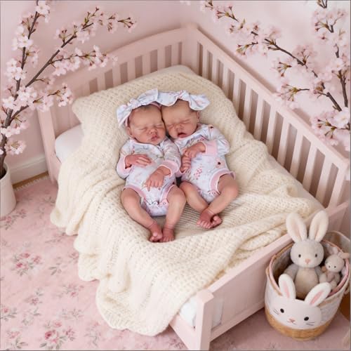 Realistische Reborn Babypuppen Zwillinge Mädchen 18 Zoll Real Life Babypuppe Silikon Vollkörper Vinyl, Schlafende Babys Puppe, Lebensecht Neugeborene Baby Zwillinge Puppen