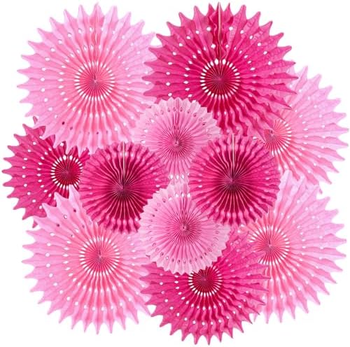 SUNBEAUTY Hanging Honeycomb Paper Fans, 12Pcs Hot Pink Hanging Ti...
