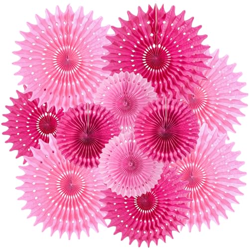 SUNBEAUTY Hanging Honeycomb Paper Fans Hot Pink Party Decorations Fuchsia Pink Birthday Paper Decoration for Wedding Graduation Events Accessories - 12Pcs