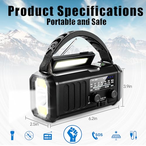 Image of 10000mAh Emergency Crank Radio,NOAA /AM /FM Weather Radio, Type-C Charge,Solar Charging,SOS, 3 Modes LED Torch, Reading Lamp, Compass for Outdoor Survival(Black)