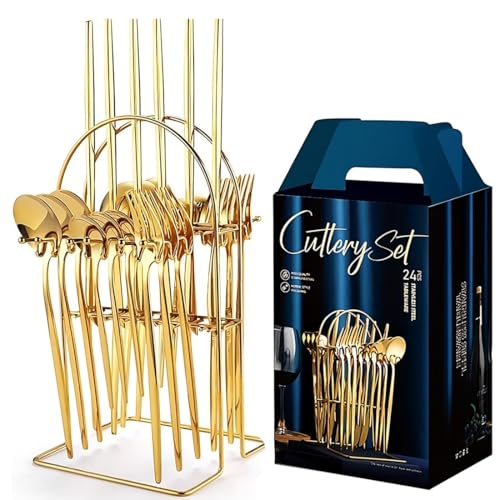 Image of BonZeaL Stainless Steel 24 Pieces Gold Cutlery Set for 6 Person with Stand Mirror Finish Flatware Set for Dining Table Hotel Cafe Bar Restaurant Premium House Warming Gifts for New Home Kitchen