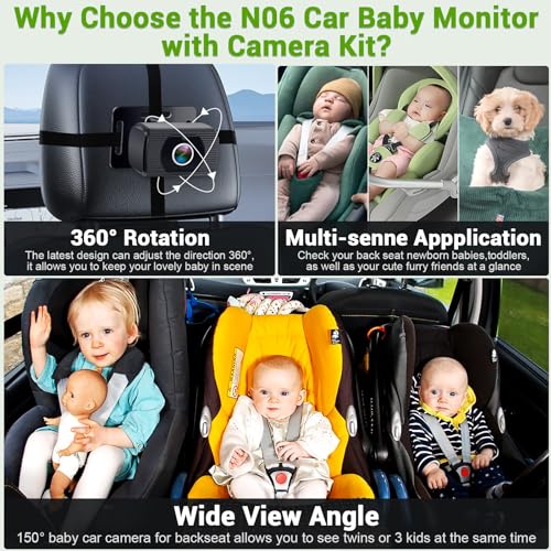 Baby Car Camera Ease Installation: Eye Protection Clear Night Vision 360° Rotation Stability Backseat Camera for 2 Kids HD 1080P Car Baby Monitor with Infant Carseat Camera Rear Facing -Rohent N06 - Thumbnail 4