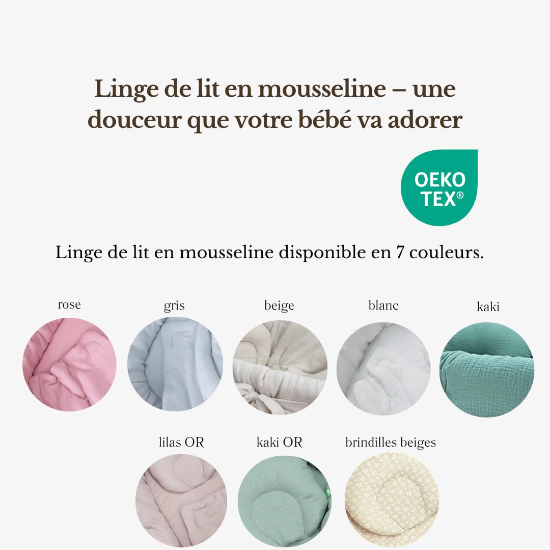 Wiklinopol Couffin Bébé Amelia en Osier avec Support et Matelas – Berceau à roulettes en Blanc – Ensemble 4 Pièces de Linge en Mousseline Blanc – Portable et Idéal pour Nouveau-Né