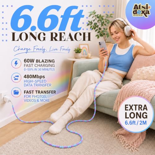 Image of 4-in-1 Beaded Charging Cable, MFi Certified, Works with CarPlay, 6.6FT 60W Fast Charger Cord for iPhone 17 /16 /15 /14 /13 /12 /11, iPad, Samsung, Android and More (Lavender Sky)