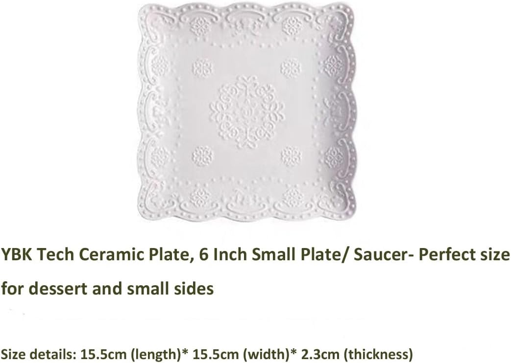 YBKTEX Ceramic Plate, Square Embossed Lace Plate (White, 6-inch)