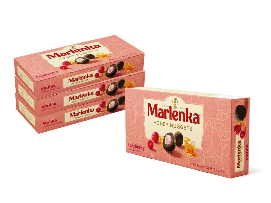 MARLENKA® Honigkugeln 3 + 1 Pack Himbeer | Honey Nuggets | Gebäckkugeln mit Honig | 4 x 10 Bälle | 4 x 235g | Süßigkeiten Großpackung