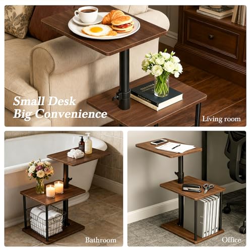 Image of Faesun Swivel Side Table for Couch Arm, Height Adjustable C Shaped End Table for Recliner or Bed, Tv Trays with Storage Shelf for Small Spaces- Small Nightstand for Living Room, Bedroom