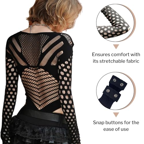 Long Sleeve Mesh Bodysuit for Women | Going Out Tops Shapewear Bodysuit Sexy Clubwear Goth Clothes Rave Outfits for Women (Black, One Size)3