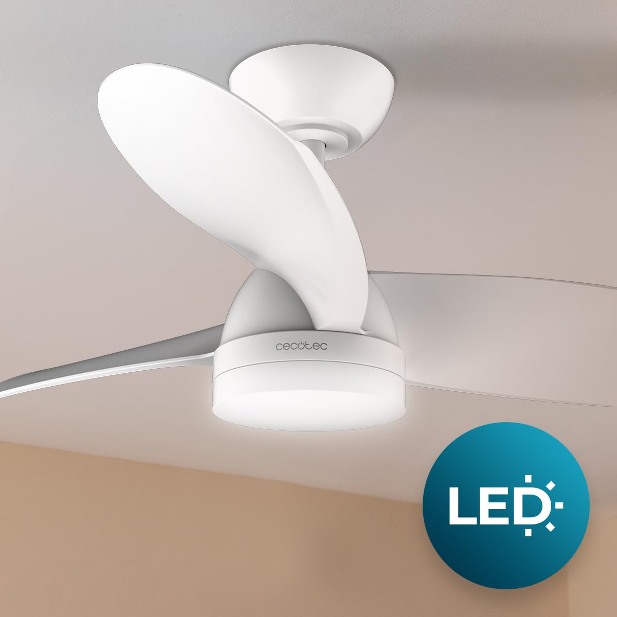 Cecotec Ventilador de Techo con Luz EnergySilence Aero 3050 White. 35 W, Motor DC, Diámetro 36” con luz LED, Mando a distancia, Temporizador, 6 Velocidades y 3 Aspas
