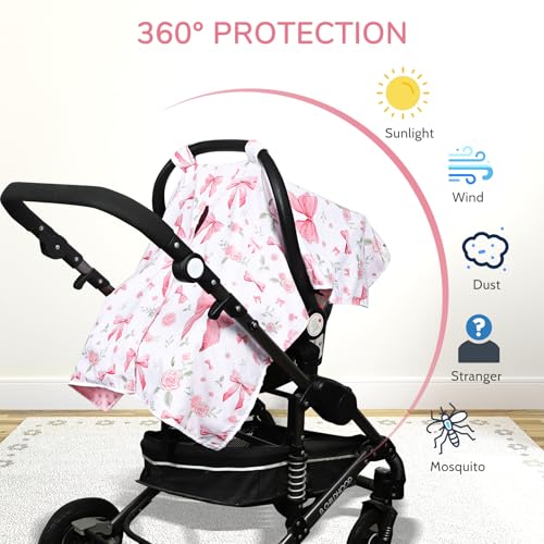 Image of Baby Car Seat Cover, Peekaboo Opening Car Seat Canopy for Baby Girls Boys, Mom Nursing Breastfeeding Covers, Blanket for Infant, Pink Rose