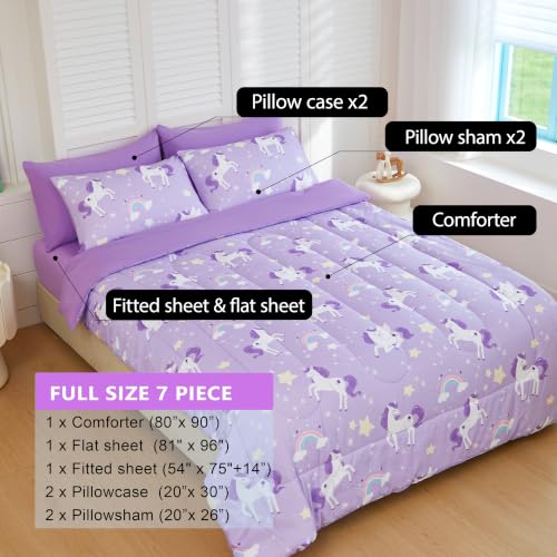 Image of Purple Unicorn Bedding Set - Super Soft Microfiber Full Size 7 Piece Bed in a Bag, Comforter Set with Sheets, Pillowcase & Sham for Girls Kids (Purple Dreamy Unicorn, 7 Piece Full Size)