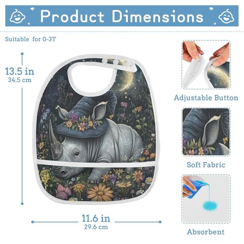 MCHIVER Rhino Wizard Hat Black Baby Bibs for tag1 Waterproof Feeding Bib Apron with Food Cather Adjustable Cotton Food Eating Bib 2 Pack2
