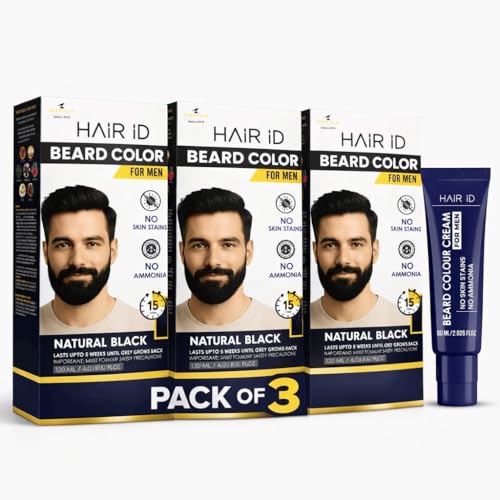 Image of HAIR ID 120GM No Skin Stain Beard Color Cream | 3 Packs | Color In Just 10 Minutes | No Ammonia, Long Lasting (Free Gloves, Brush And Trey) Natural Extracts