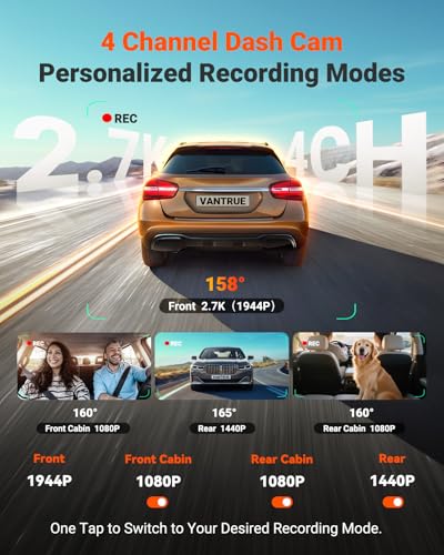 Vantrue N5S 4 Channel 360 Degree WiFi Dash Cam, STARVIS 2, IR Night Vision, 2.7K+1080P*2+1440P Front Rear Inside Dashcam, Voice Control, GPS, 24 Hours Parking Mode, LTE Support, Support 1TB Max