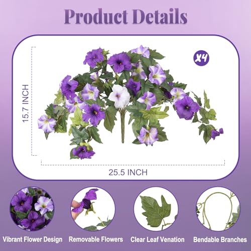 Ammyoo 4 Pcs Artificial Fake Petunia Flowers for Outdoor Decoration, Faux Silk Petunias Flower for Spring UV Resistant No Fade Realistic Plants for Garden Balcony Yard Porch Indoor Decor(Purple White)