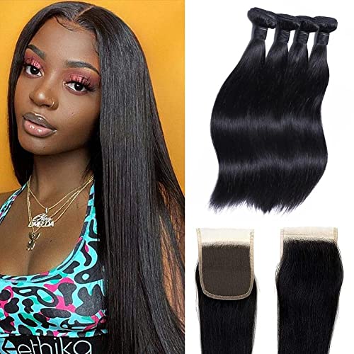 Brazilian Straight Human Hair Extensions 4 Bundles with Closure 100% Unprocessed Virgin Human Hair Bundles with Lace Closure Free Part Straight Extensions 16 16 18 18 +12 inch Closure Natural Color