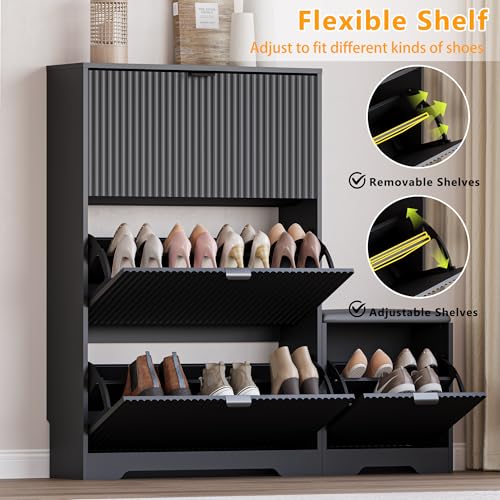 Image of BORNOON Slim Shoe Cabinet with Bench for Entryway, Hidden Storage and Adjustable Shelves, Free Standing Wooden Shoes Organizer for Hallway, Foyer