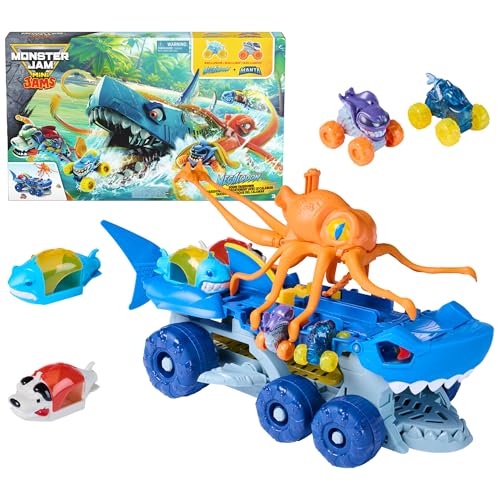 Image of Monster Jam Mini Jams Megalodon Squid Takedown Monster Trucks Playset | Exclusive Megalodon & Monster Manta Mini Toy Trucks, Catapulting Squid, Store & Launch, Pretend Play Gifts for Kids Ages 3+
