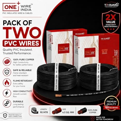 Image of 90m PVC Copper Electrical Wire (Pack of 2), Black, 4.0 mm