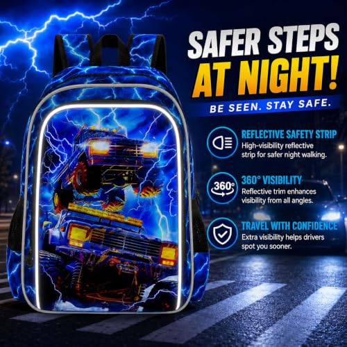 Image of 17 inch Truck Backpack for Boy, 3Pcs Lightning Bookbag for Elementary Preschool Kindergarten, Kids School Thunder Backpacks with Lunch Box (Blue)