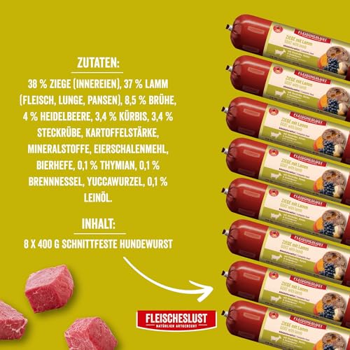 Fleischeslust Hundewurst | Ziege & Lamm mit Steckrübe, Kürbis & Heidelbeere | Futterbox (8x400g) | Nassfutter | schnittfest | getreidefrei | Alleinfuttermittel für ausgewachsene Hunde