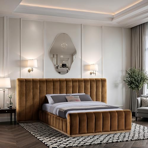 Image of Meridian Furniture AmaraSaddle-Q117 Collection Modern | Contemporary Queen Bed,Ultra Luxe Saddle 460 GSM Velvet, Natural Finish, Solid Wood Base and Inner Frame, 117 inch W x 99 inch D x 51 inch H, Saddle, Queen