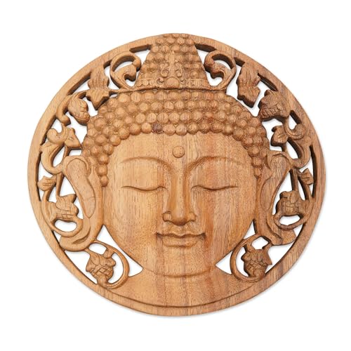 NOVICA Artisan Handcrafted Wood Relief Panel Suar Buddha from Bali Brown Indonesia Wall Decor Panels Buddhism Spiritual Peace [0.9in H x 7.75in Diam.] ' Berry Buddha'