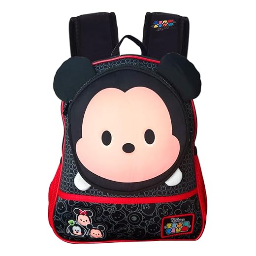 Mochila Escolar Infantil Mickey Mouse Disney Tsum Tsum, Alça de Costas Acolchoada, Preto/Vermelho