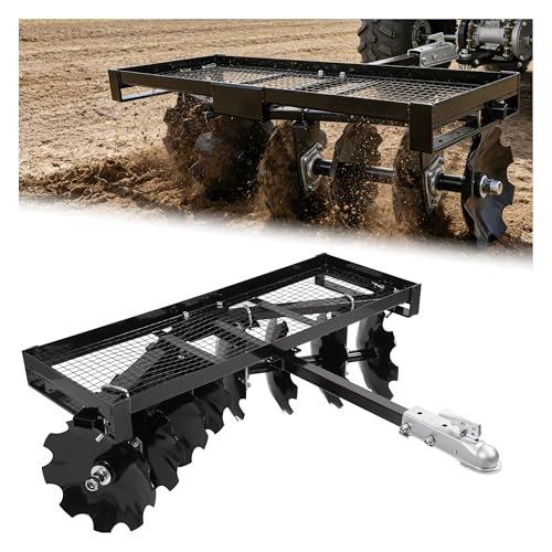 ALMULOO 4 FT Tow-Behind Notched Disc Harrow Plow Attachment for Use with A 2" Towball ATV UTV W/ 8 X Concave Discs for Tilling, Loosening/Lifting Soil, Braking Up Weeks, Roots, Crop Debris