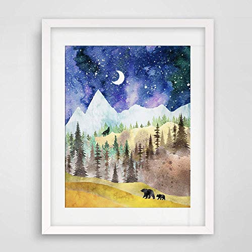 Mountain Art Print, Nature Print, Wild Nature Art, Forest Decor, Watercolor Painting, With Animals, Outdoor Print, Bear, Wolf, No Framed (Medium) #TOP3