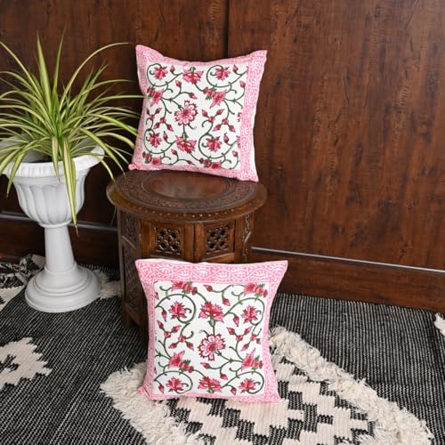 Image of Cotton Cushion Covers 16x16 Inch - Hand Block Floral Print Pillow Covers for Sofa, Couch & Bedroom (Pack of 5) (Pink)
