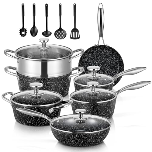 FOHERE Topfset Pfannenset 17-Teilig, Induktions Kochtopf Set mit Glasdeckeln, Töpfe und Pfannen Set, Kochgeschirrset, Ceramic Antihaftversiegelung, Allherdboden einschließlich Induktionsherd, Schwarz