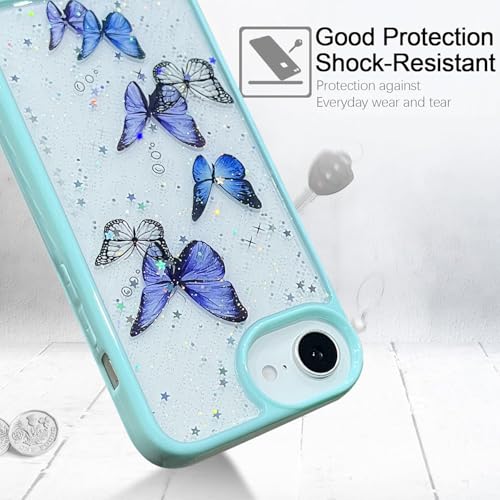 Image of VONZEE Clear Glitter Butterfly Case for iPhone 16e /17e Cover | Cute Bling Sparkle Transparent Soft TPU Bumper | Shockproof Slim Protective Back Cover for Girls & Women (Mint Green)
