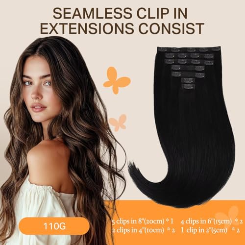 Image of DOORES Human Hair Clip in Extensions, Jet Black 110g 7pcs 14 Inch, Seamless Clip in Hair Extensions Human Hair Extensions Clip in Straight Trick Hair Invisi Edge Hair Extensions Remy Natural Hair