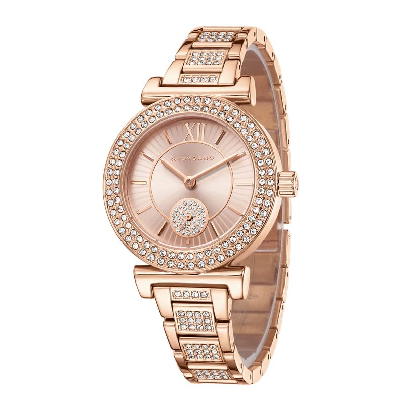 Giordano Luxury Analog Watch for Women - Elegant Crystal Design with sub dial and Diamond Studed statinless Steel Strap
