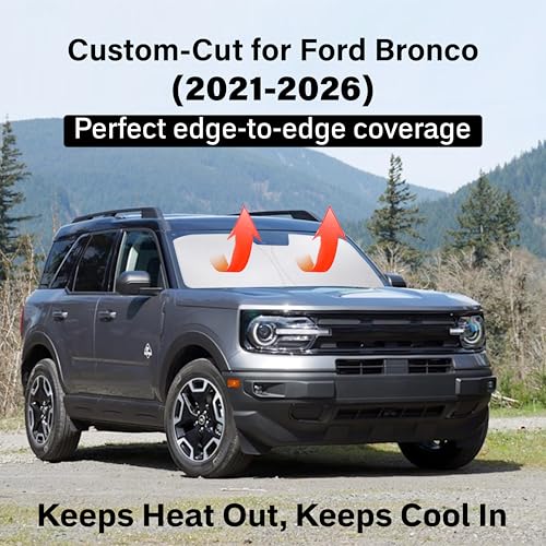 Image of EcoNour Windshield Sun Shade Compatible for Ford Bronco 2021-2026 | SUV Front Window Sunshade | Foldable Heavy-Duty Sun Visor Protector | UV & Heat Blocking | Keeps Cabin Cool