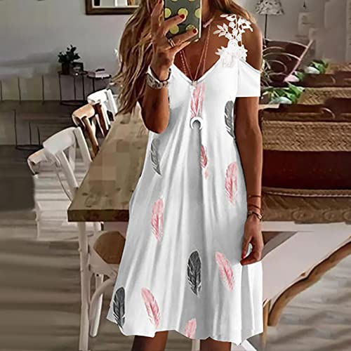 Barogt Women s Lace Strappy Cold Shoulder Dress, Floral Print V Neck Short Sleeve T Shirt Dress Summer Beach Slim Mini Dress