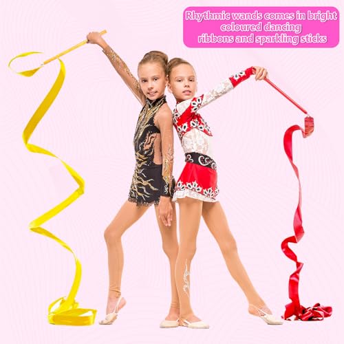 JellyArch 12 Pack Multicolor Gymnastic Ribbon with 9 Inch Stick and 30 Inch Ribbon for Gym, Training, Circus, Dance, Baton Twirling, Dancing Streamers, Kids Artistic Dancing Training