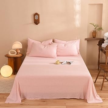 Mengersi Jersey Knit Sheet Set,Bed Sheets,Jersey Sheet Set Cotton Jersey Flat Sheet,Fitted Sheet,Pillowcases-Deep Pockets (Pink, Full)
