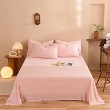 Mengersi Jersey Knit Sheet Set,Bed Sheets,Jersey Sheet Set Cotton Jersey Flat Sheet,Fitted Sheet,Pillowcases-Deep Pockets Pink, Full