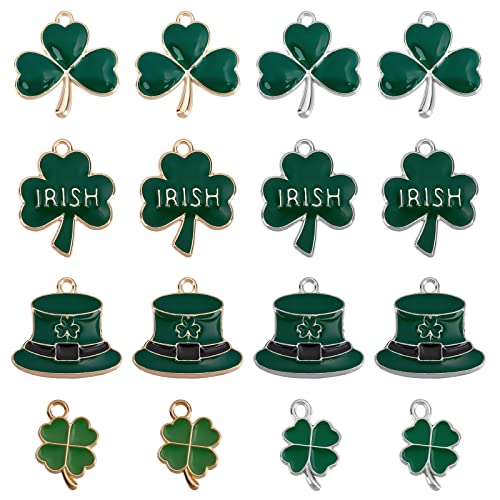 SUNNYCLUE 1 Boîte 40Pcs 8 Style Trèfle à Quatre Feuilles Charme St. Patrick'S Day Émail Lucky 4 Leaf Clover Charms Hat Irish Shamrock Green Charms For Jewellry Making Charms Good Luck Boucles D'Oreill