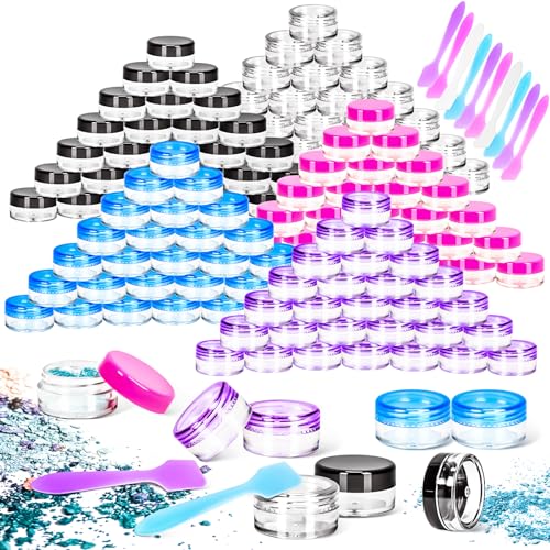 MotBach 50 Pack Colorful 5g Plastic Jars Round Clear Containers with Lids, 5gram Makeup Containers Jars, 5ml Sample Jar Travel Cosmetic Jar with Spatulas for Sample Cream Lotion Makeup Travel Storage