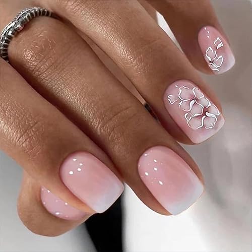 Miniatura 2 de Uñas postizas acrílicas cuadradas cortas con diseño de albaricoque, cobertura completa, uñas postizas brillantes con pegamento nude, uñas