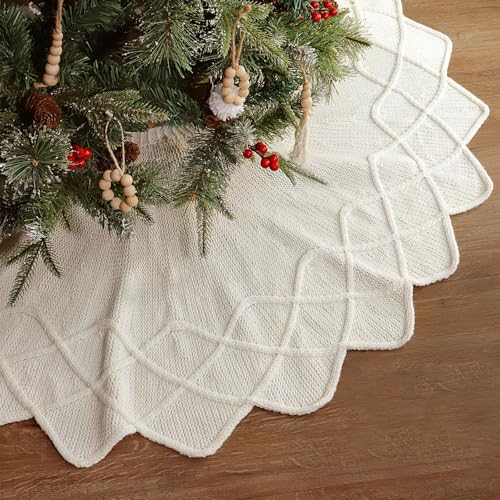 Limbridge Knitted Christmas Tree Skirt: 48 Inches Cream White Tree Skirt, Diamond Polygon Star Cable Knit Thick Rustic Christmas Tree Decorations thumb #7