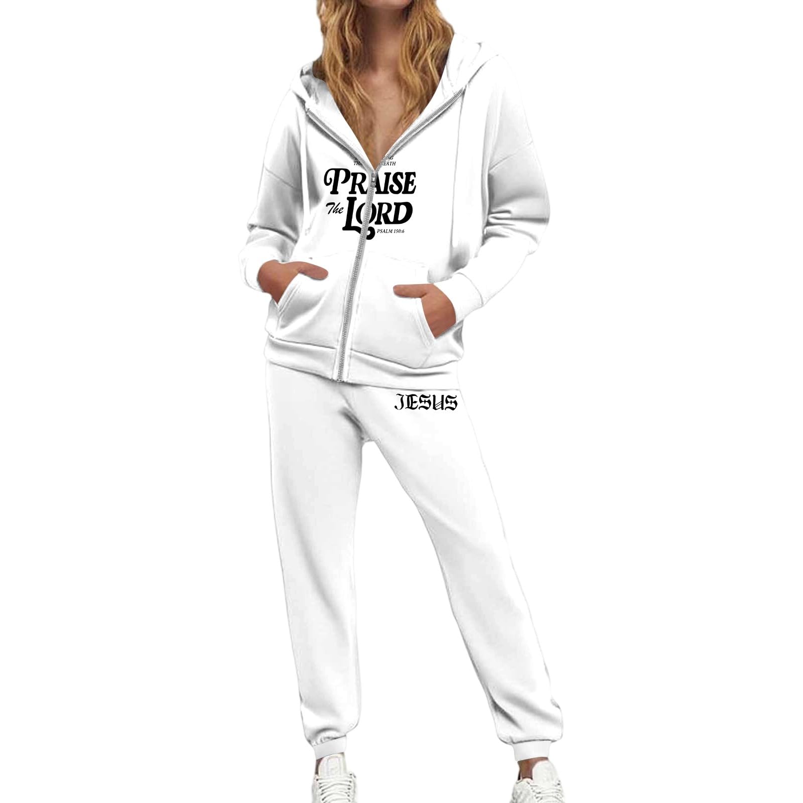 Completo tuta casual da donna con stampa di lettere, felpa con cappuccio e coulisse, pantaloni jogger, manica lunga, zip e tasche